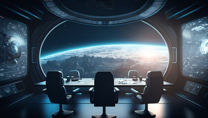 Wall Mural - meeting room in space station with a view into space - space wallpaper - generative ai