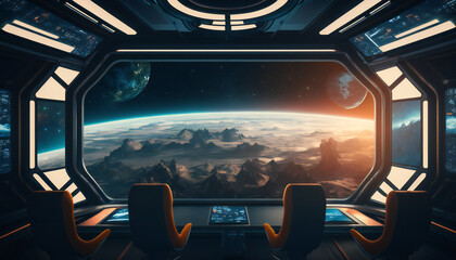 Wall Mural - meeting room in space station with a view into space - space wallpaper - generative ai