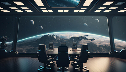 Wall Mural - Meeting room in Space station with a view into space  - Space wallpaper - Generative AI
