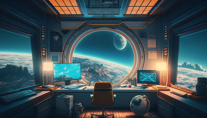 Wall Mural - office in space station with a view into space - space wallpaper - generative ai