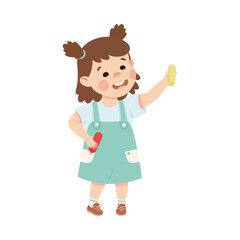 Sticker - Cute Little Girl Standing with Chalk or Crayon Vector Illustration