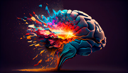 Wall Mural - Concept art of a human brain exploding with knowledge and creativity. Generative Ai