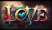 LOVE Graffiti Style With Flowers And Hearts, Valentine Concept. Generative AI