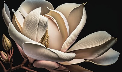  a large white flower on a tree branch with a black background.  generative ai