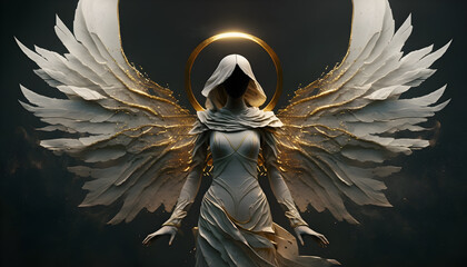 Wall Mural -  white dressed angel  and wings-AI Generative 