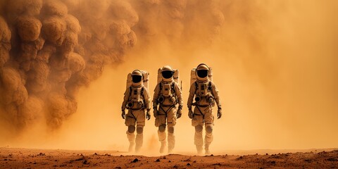 Wall Mural - A group of astronauts in a sandstorm on Mars surface, Generative AI