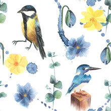 Watercolor Illustration Of Small Kingfisher Tit Bird Seamless Pattern Isolated On White Background With Blue Flowers Poppies And Splatters
