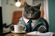 Cat working in office, wearing suit, Generative AI