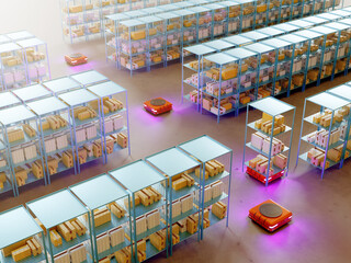 Poster - Automated storage. Autonomous mobile robot. Storage with amr among shelves. Shelves with cardboard boxes from above. Autonomous robot to accelerate warehouse processes. Autonomous storage. 3d image