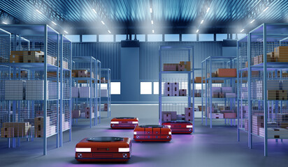 Poster - Automated production. Robotized warehouse of manufactory. Modern technologies for production. Storehouse manufactory without people. Production warehouse with robots. Automated trolley. 3d image