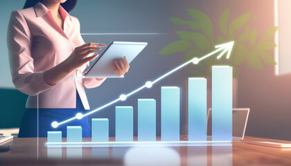 Poster - a successful businesswoman working in a well-lit office with a computer and a tablet, and a manager raising sales are all shown in a 3D expanding bar chart. - Generative AI