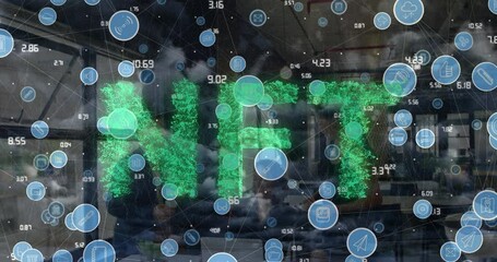 Poster - Animation of network of digital icons and nft text banner against diverse people working at office
