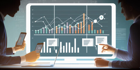 Poster - business team reviewing analytics report's marketing, sales, and financial metrics - generative ai