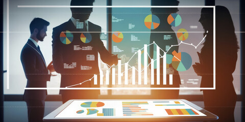Poster - business team reviewing analytics report's marketing, sales, and financial metrics - generative ai