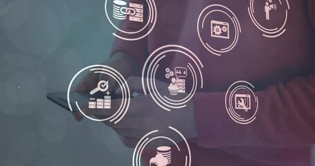 Poster - Animation of digital icons against mid section of a man using smartphone