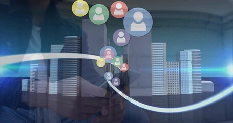 Poster - Animation of profile icon and 3d city model over biracial man using smartphone sitting on the stairs