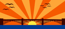 Bridge And Sunset Vector Illustration Flat Style Clip Art