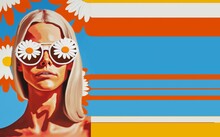 Summer Portrait Of Happy Young Woman In Sunglasses. Love, Beautiful Girl Portrait In Contemporary Vivid Colours. Spring, Fresh, Daisy, Flowers, Beach, Suntan, Happy. Holidays And Beauty Generative AI.