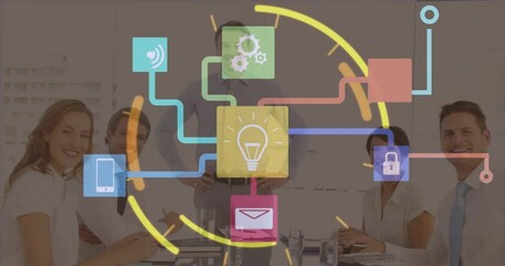 Poster - Animation of network of digital icons over diverse businesspeople smiling together at office
