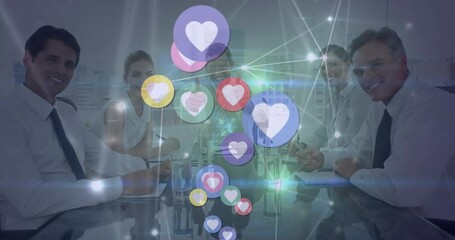 Poster - Animation of heart icons and network of connections over diverse businesspeople smiling at office