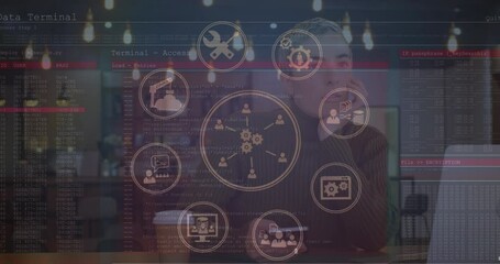 Poster - Animation of digital icons and data processing over caucasian woman using smartphone at a cafe