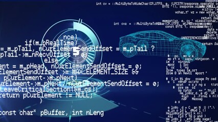 Poster - Animation of data processing and count down over round scanner and 3d car model on blue background
