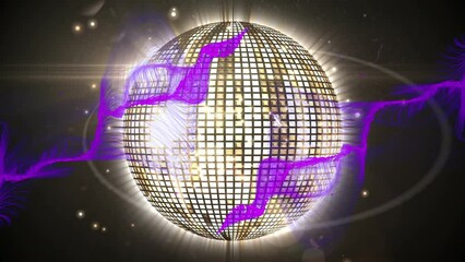 Poster - Animation of purple digital waves over golden glowing disco ball against black background