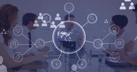 Poster - Animation of network of digital icons over diverse businesspeople discussing together at office
