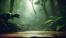 Jurassic Period Landscape With Roaring Predator Dinosaur In A Wet Tropical Rainforest. Copy Space. Generative AI.
