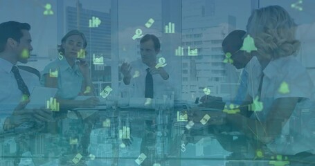 Poster - Animation of network of digital icons against diverse businesspeople discussing together at office
