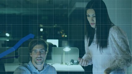 Poster - Animation of financial data processing with blue lines over diverse business people in office