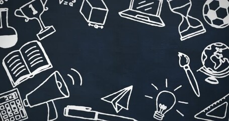 Poster - Animation of white school icons on blackboard background