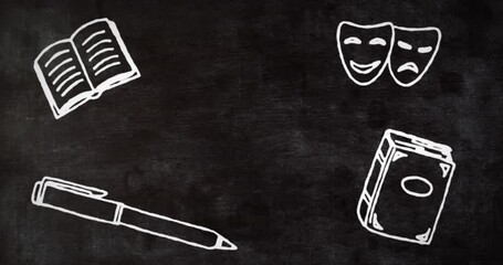 Poster - Animation of white school icons on blackboard background