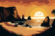 sunset on the beach vectorial illustration, algarve beach, portugal sunset
