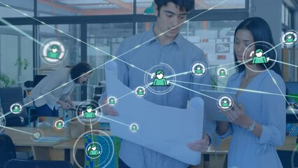 Poster - Animation of network of connections over diverse business people in office