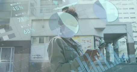 Poster - Animation of financial data processing over biracial woman in face mask in street