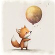 Watercolor illustration of a fox holding a balloon. Generative AI