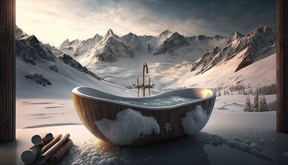 Poster - A luxurious bathtub set up on a snowy mountain top, with the stunning snowy landscape in the background. HD, realistic, natural lighting. generative ai