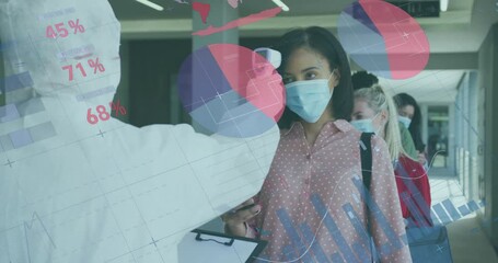 Poster - Animation of data processing over temperature reading of diverse business people in face masks