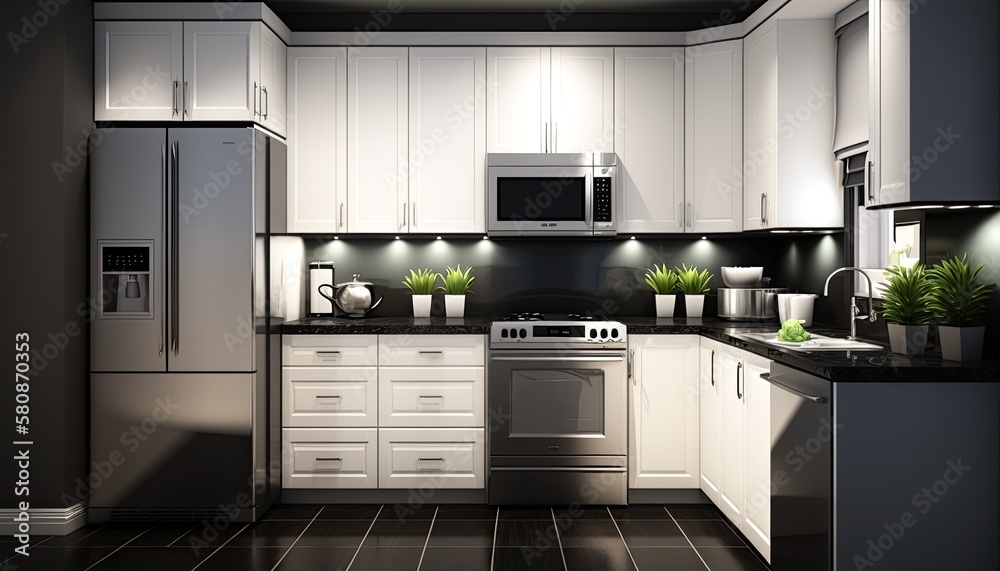 A sleek and modern kitchen with glossy white cabinets, stainless steel ...