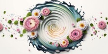 Top View Of Rotating Swirl Of Water Splashes And Flowers On White Background, Concept Of Abstract And Pattern, Created With Generative AI Technology