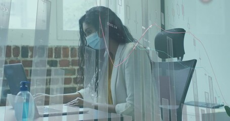 Poster - Animation of data processing over biracial businesswoman in face mask in office