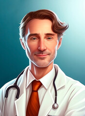 Illustration of a portrait of a friendly doctor with a stethoscope, looking at the camera, Generative AI