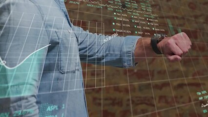 Poster - Animation of caucasian man checking time and financial data processing