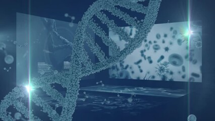 Poster - Animation of dna helixs over virus infected blood against computer language in background