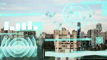 Poster - Animation of graph, wave pattern, circles around profile icons and numbers over cityscape