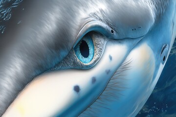 A CLOSE UP OF A DOLPHIN'S BOTTLE NOSE AND EYES. Generative AI