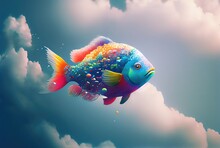 Rainbow Color Fish Swimming In The Sky With Cloudy Background. Generative AI