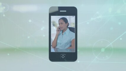 Poster - Animation of diverse businesspeople talking on cellphone, connected dots with lines in background