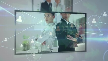 Poster - Animation of icons connected with lines, diverse businesspeople in desktop on abstract background